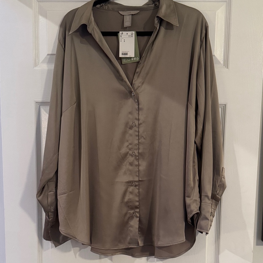 Elegant Taupe Button-Up Blouse Size M